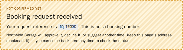 A customer's screen reading: not confirmed yet — booking request received, with its RQ- reference and a note that it is not a booking number.