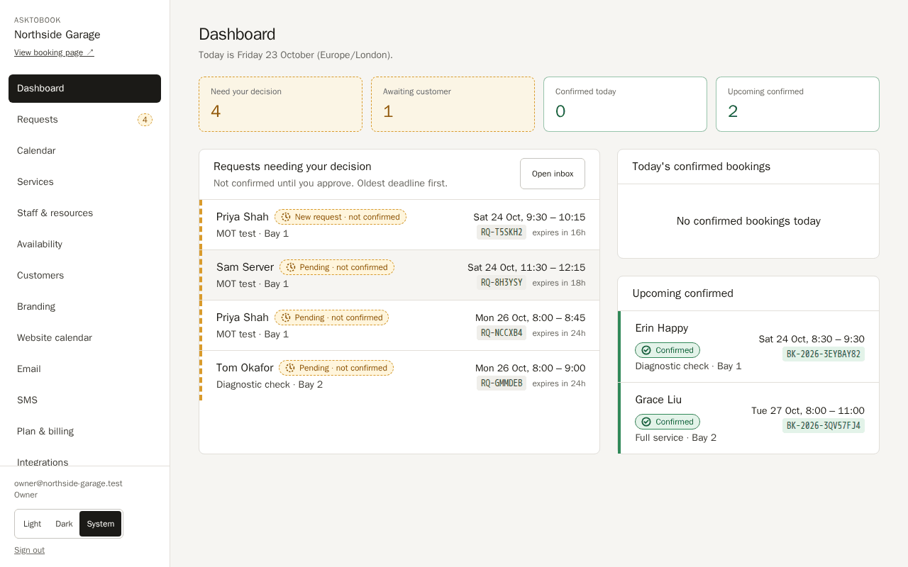 The business dashboard listing requests that need a decision, each marked not confirmed.